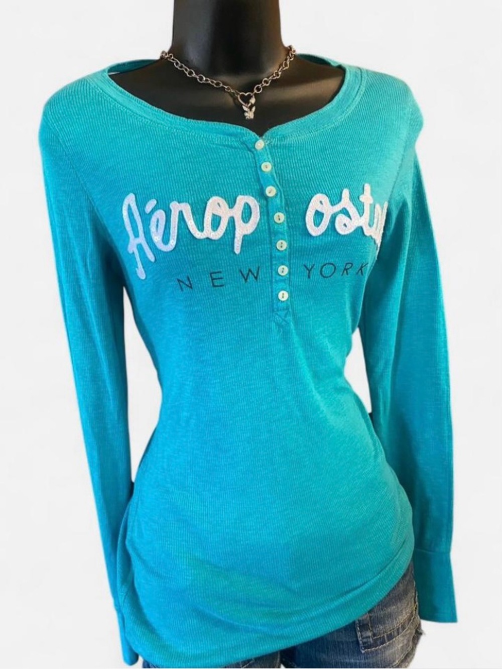 Y2k Aeropostale Teal Longsleeve Henley with White Sequin Lettering
